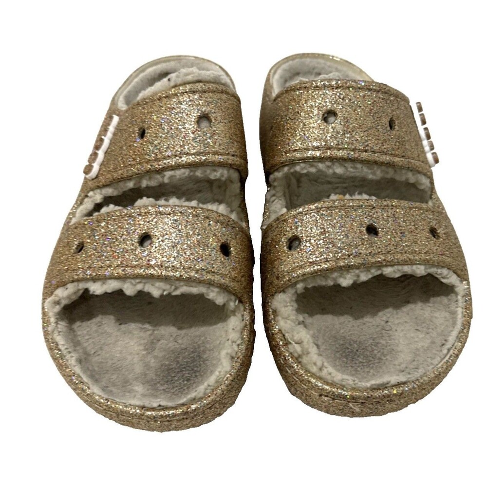 Crocs Gold Glitter Fuzzy Lined Slip On 2 Strap Sandal Slides Mens 9 Womens 11
